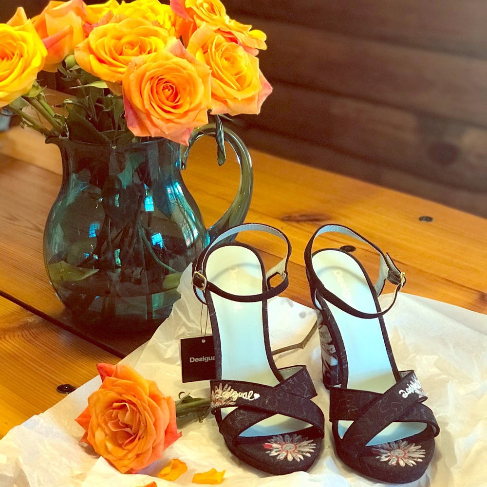 Desigual Black Floral Embroidered Open-Toe Sandals